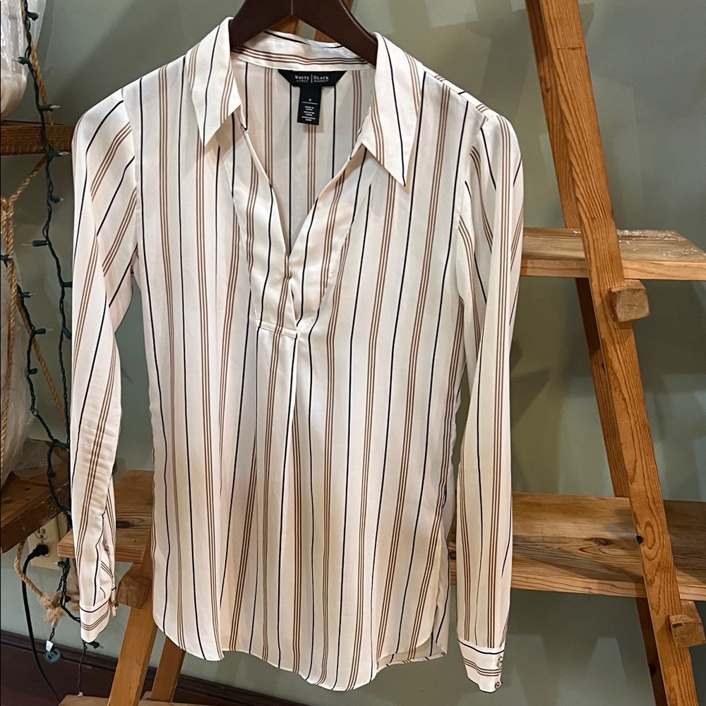 White House Black Market White and Brown Striped Blouse